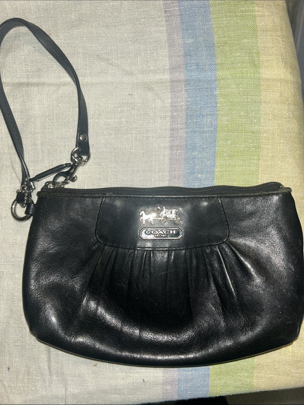 COACH Black Leather Pleated Wristlet Clutch with Silver Logo